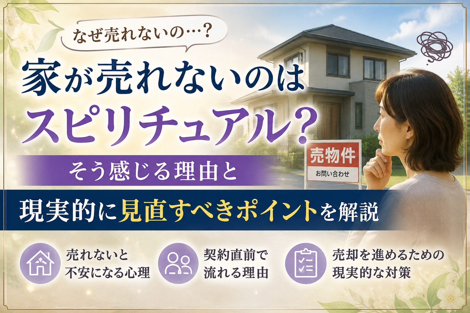 家が売れないことに不安を感じ、自宅を見つめる女性と売出中の一戸建て